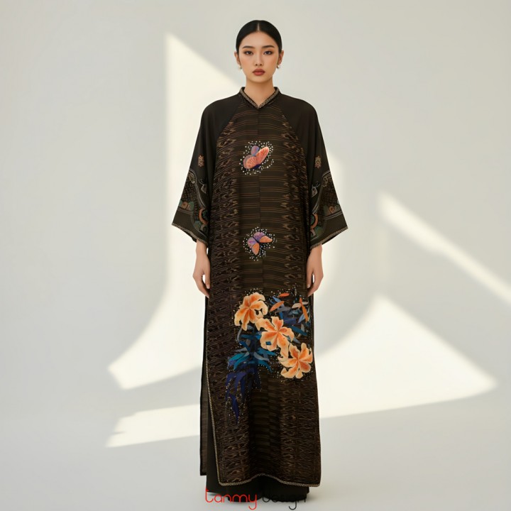 Áo dài lụa thái thêu hoa Ly màu nâu/đen